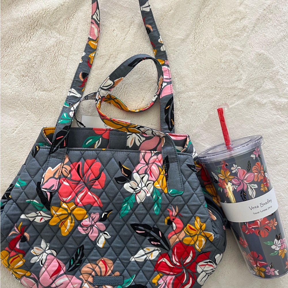Vera Bradley Floral Gray Quilted Tote Bag and Tumbler